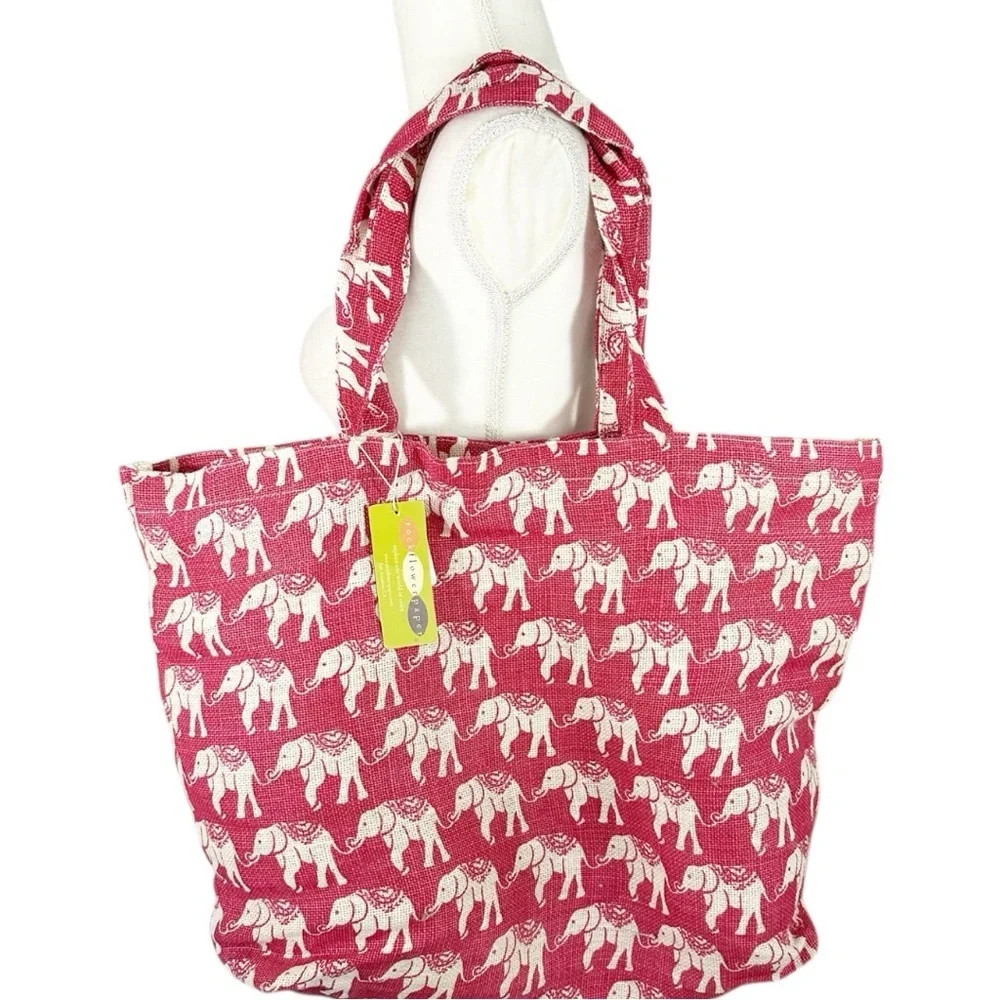 NWT- RockFlowerPaper Elephant Pink Jute Tote